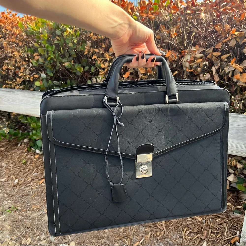 St. John Black Briefcase Canvas and Leather with Key